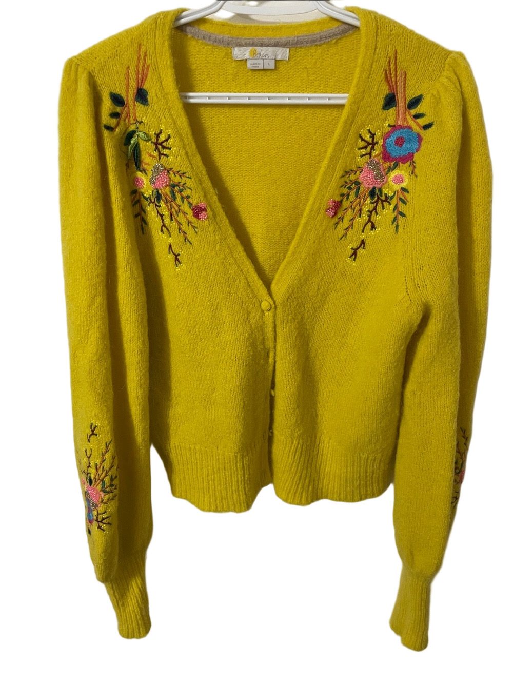 Boden Bright Yellow V-Neck Embroidered and Beaded Cardigan Size Large